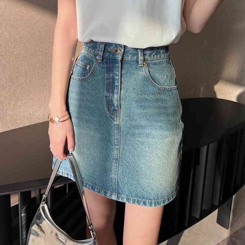 

Original summer new casual versatile triangle wash jeans high waist skirt short skirt women, Blue