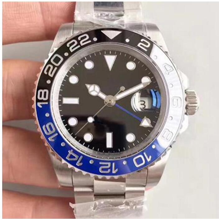 

Blue black ceramic dial Men's Watches 40mm automatic mechanical silver 904L stainless steel strap GMT time ST9 folding buckle sports waterproof watch gift With box