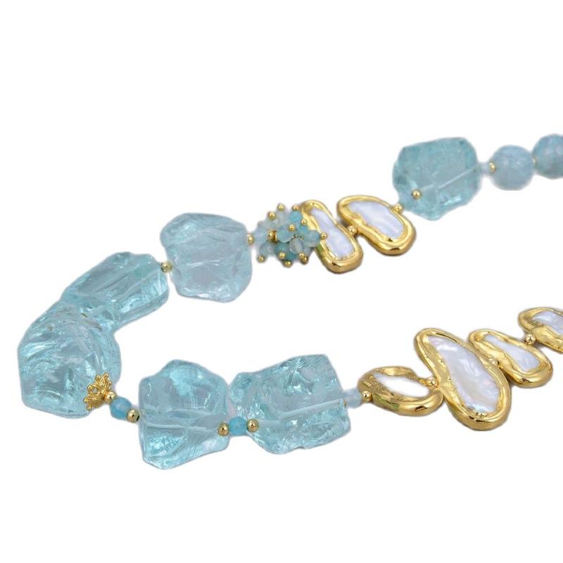 

Chains GuaiGuai Jewelry Natural Blue Glass Quartzs Rough White Biwa Freshwater Pearl Round Agates Choker Necklace 21" Vintage For Women