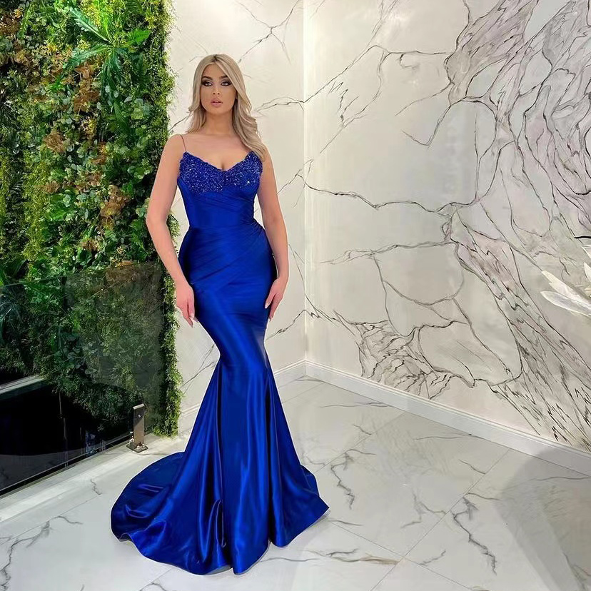 

Sapphire Blue Elegant Prom Dresses Satin Beading Sequined Sleeveless Spaghetti Straps Floor Length Mermaid Gowns Formal Evening Party Dress, Dark navy