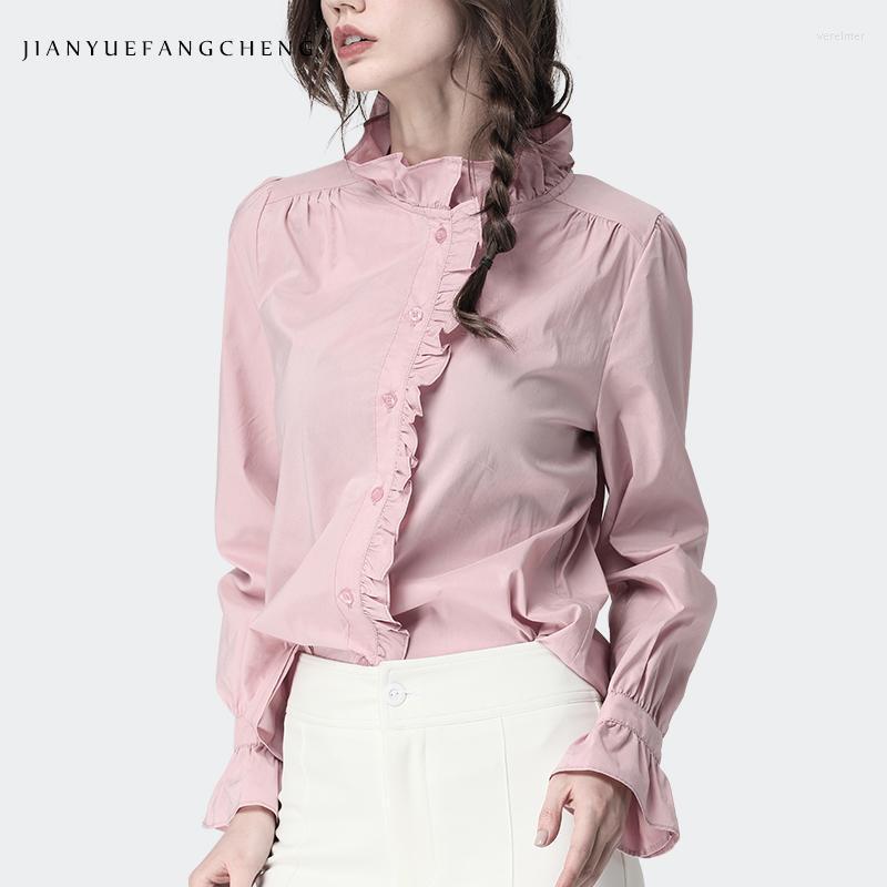 

Women's Blouses & Shirts Elegant Stand Ruffles Collar Cotton Shirt Women Blouse And Tops Solid Slim Waist Plus Size 2022 Spring Autumn Offic, Pink