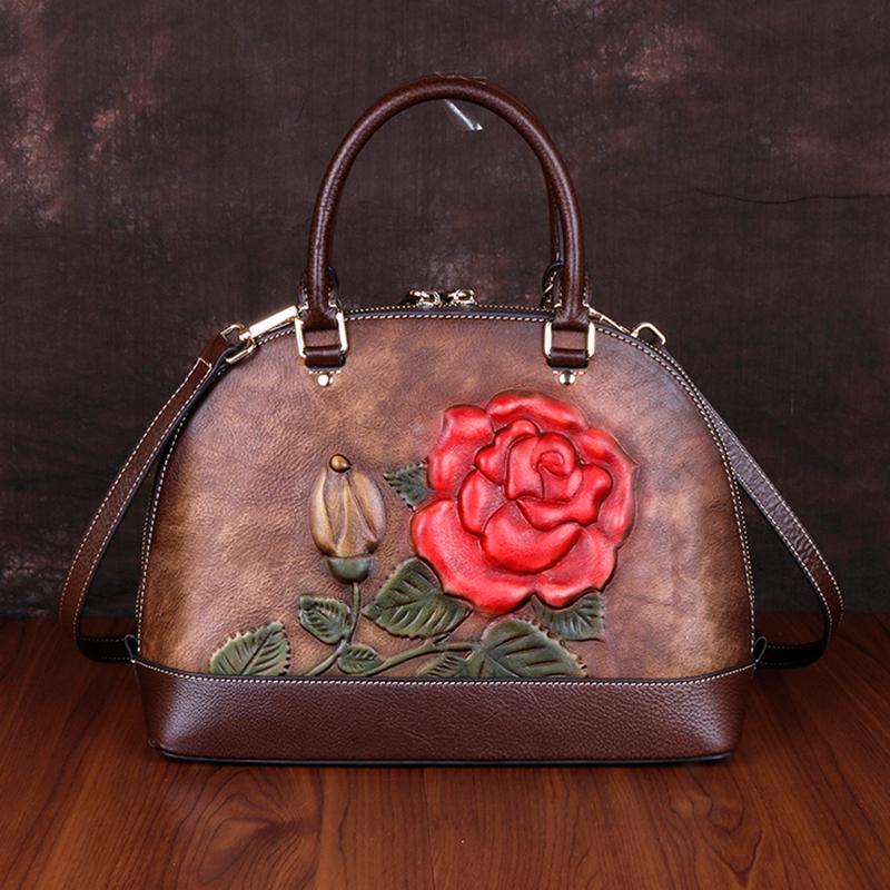

Evening Bags Women Natural Skin Shoulder Crossbody Handbag Luxury Rose Embossed Female Vintage Messenger Tote Shell Genuine Leather Bag, Brown