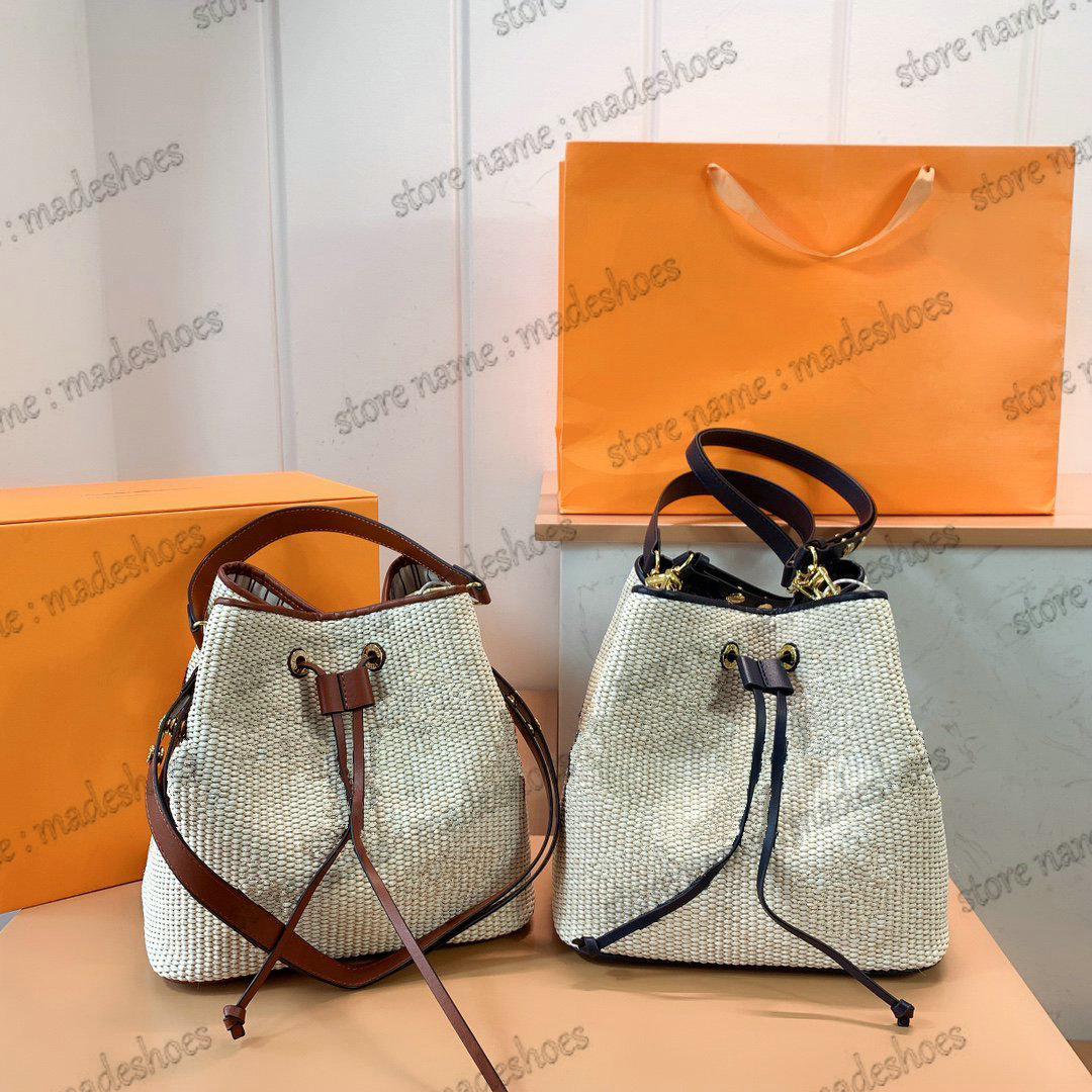 

Neonoe MM Bucket Bag Designer Raffia Woven Textile Womens Drawstring Shoulder Bag Monograms Caramel Tan Beige Jacquard CrossBody Purse Handbag Tote