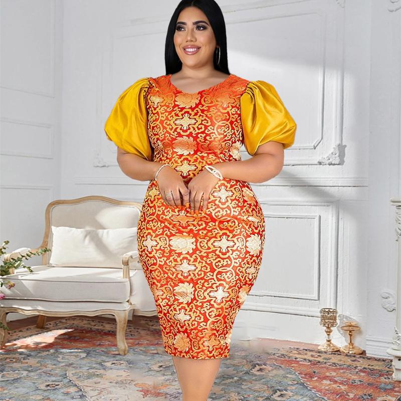 

Party Dresses Luxury Retro Floral Print Slim Bodycon Dress Half Puff Sleeve O Neck Patchwork Pencil Evening Elegant AfricanParty, Orange dress