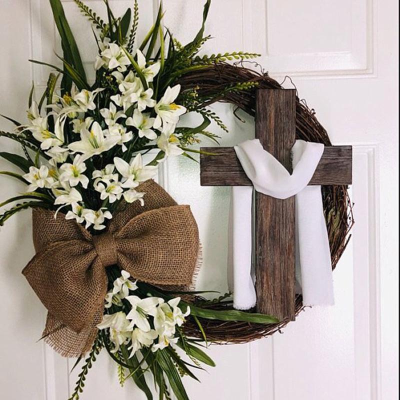 

Decorative Flowers & Wreaths Easter Wreath With Cross Burlap Bow Rustic Grapevine Spring Decorating DIY Front Door Decoration Hogard