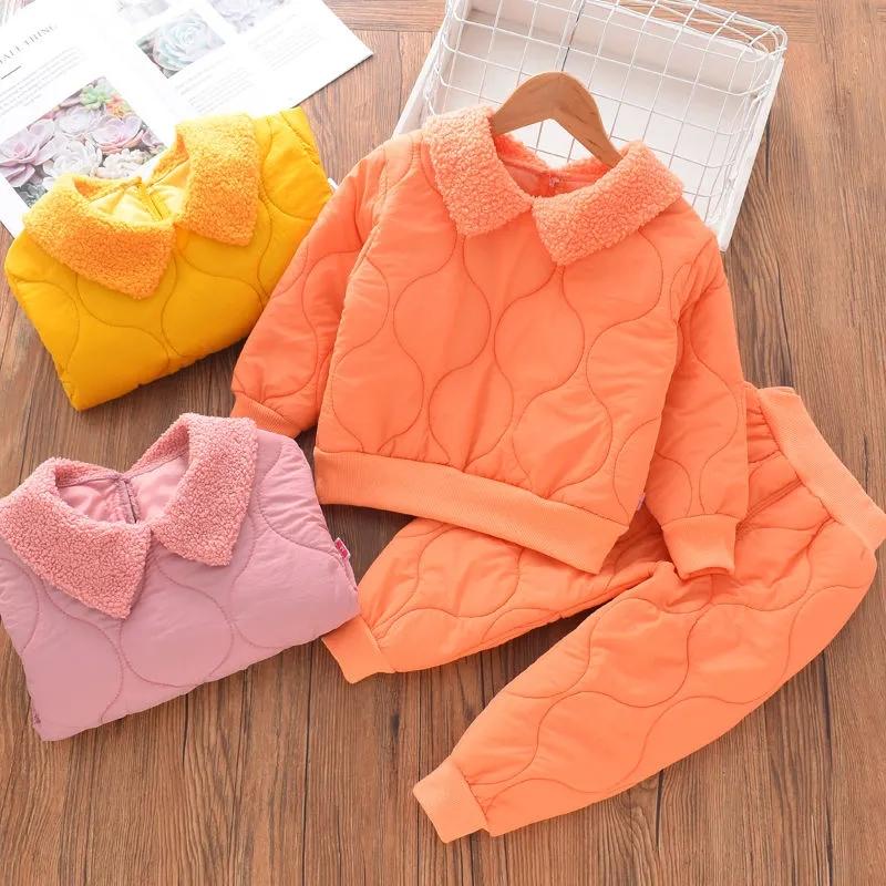 

Clothing Sets Autumn Winter Quilted Warm Suit Pure Color Pullover Casual Wear Boys Girls Tops Pants Breathable Long-Sleeved Clothes TrousClo, Color2