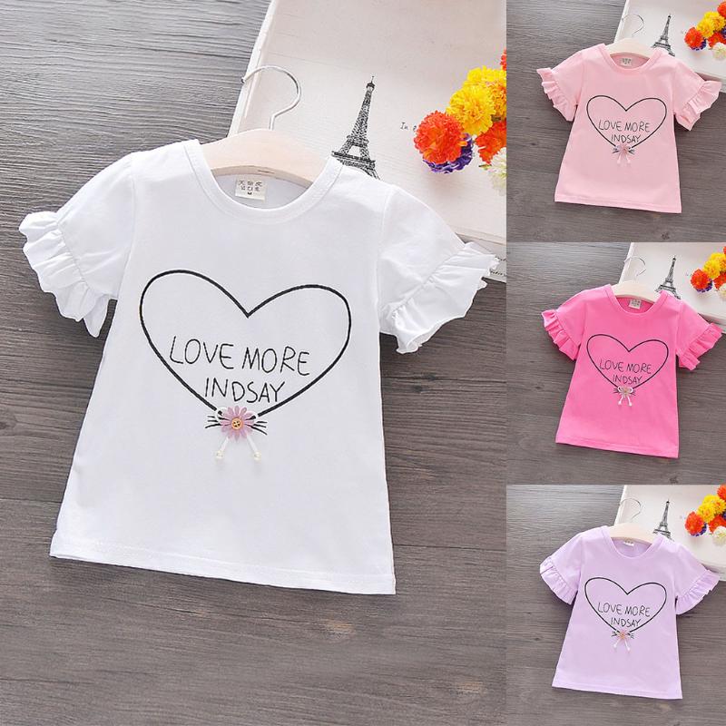 

T-shirts Summer Children Clothing Baby Half Sleeve Round Collar Pure Color Letter T-shirt Short Casual Girls Clothes TopsT-shirts, Hot pink