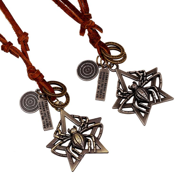 

Pendant Necklaces European And American Selling Sweater Chain Spider Retro First Layer Cowhide Necklace Genuine Leather NecklacePendant