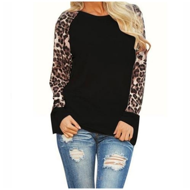 

Autumn Leopard Print long sleeve t shirt women Geometric Patchwork turtleneck chiffon clothes for women tee Oneck tops Y200412, Style4