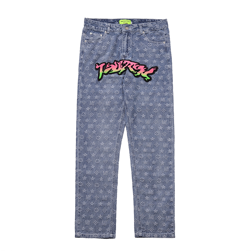 

Hip Hop Embroidery Gradient Jeans Men's Ripped Straight Full Printed Logo Streetwear Denim Trousers