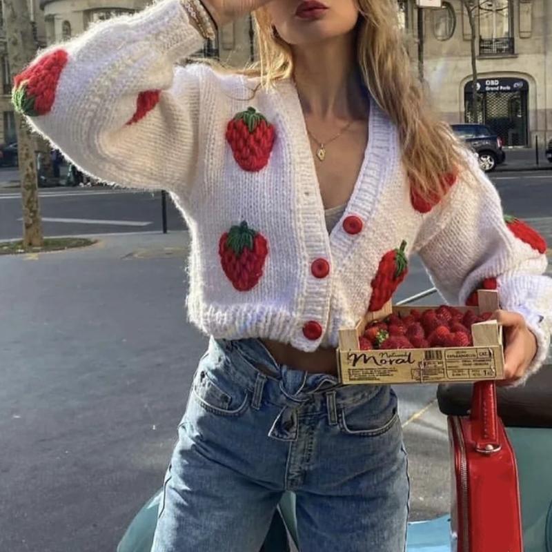 

Women's Knits & Tees Women Puff Long Sleeve Sweater Cardigan Harajuku Crochet Strawberry Patchwork Knit Jacket Coat Oversized Loose Button D, White