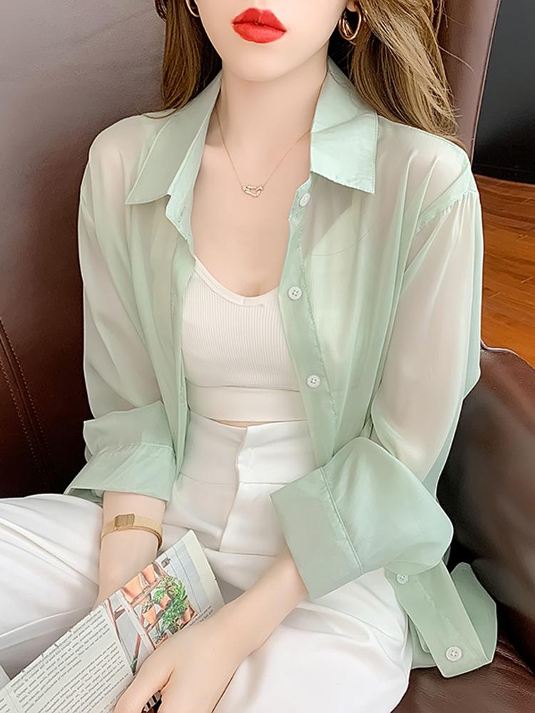 

Women' Blouses & Shirts Summer Lightweight Women Chiffon Long Sleeve Solid Female Thin Loose Slightly Transparent Sunscreen ShirtWomen, Green