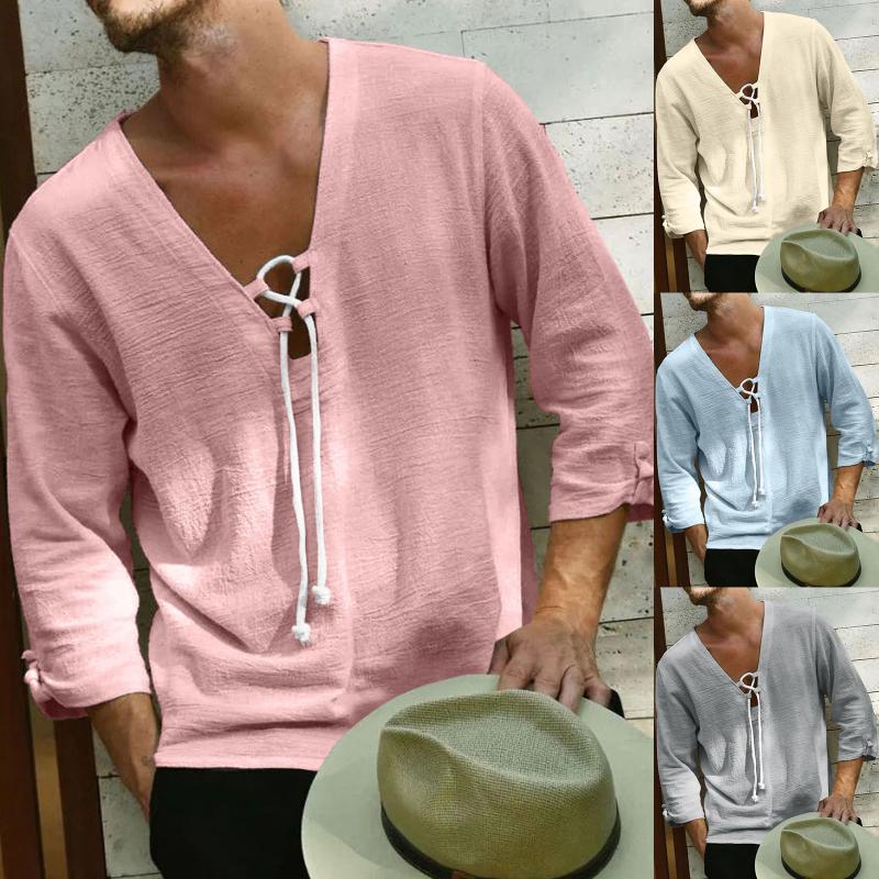 

Men's Casual Shirts Men's Fashion Hippie Linen Shirt Middle Sleeve V Neck Summer Beach Loose Tee Tops Solid Color T 2022 High QualMen's, Pink