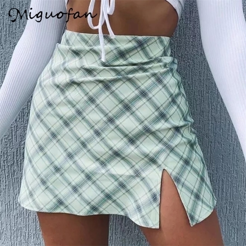 

Miguofan green plaid printting skirts high split high waist Skirts for women high waist skirts vintage female lady spring Y200326