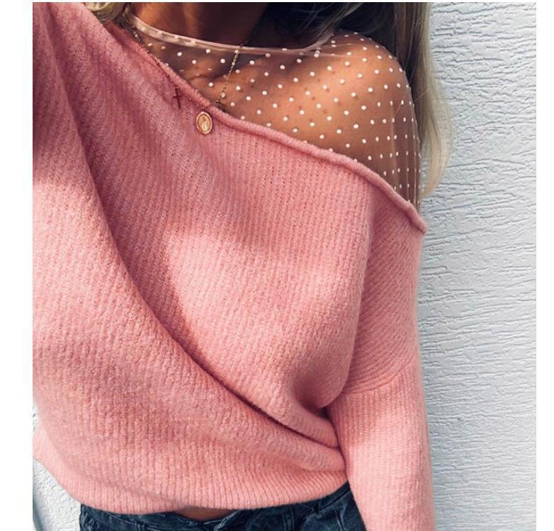 T-shirt Femme Hirigin 2022 Mode Femmes Sexy Mesh Dot Patchwork Top Manches Longues Col Rond Hors Épaule Pull Côtelé Tricoté