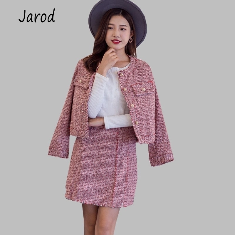

fashion Autumn Winter Tweed Suit Set Womens Single Breasted Short Jacket Coat High Waist Tassels Bodycon Mini Skirt 210526, Picture color