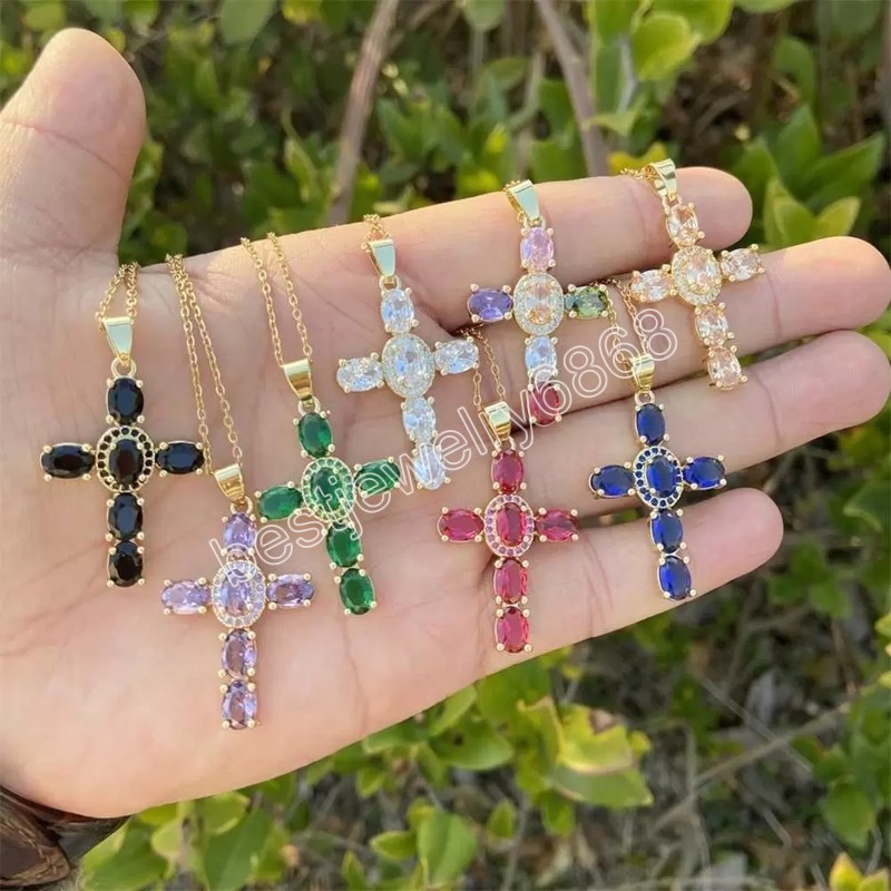 

2022 Valentine's Mother's DAY Crystal Cross Pendant Necklace Gold Color Rhinestone Diamond Beryl Rubine Chain Choker Crucifix Men Women Kids Party Jewelry