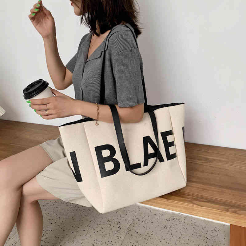 

Canvas bag new European and American college student class bag women's satchel large capacity sling Shoulder Tote Large Bag, Beige