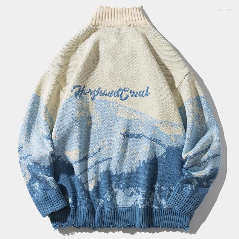 

Men's Sweaters Fashion Hip Hop Knitted Sweater Men Women 2022 Luxury Blue Snow Mountain Print Pullover Harajuku Casual Knitwear Jumper Tops, Pic