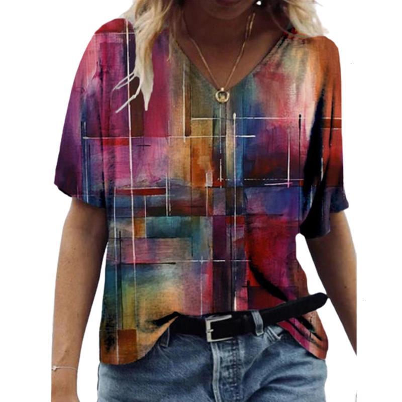 

Abstract Painting Printed T-shirts T Shirt Womens Harajuku Short Sleeve V-neck T-shirt Summer Ladies Casual Loose Tee, Color18
