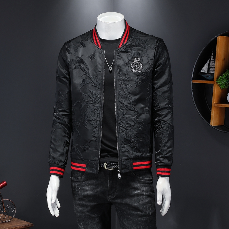 

Men's jacket 2022 new trend slim handsome jacquard embroidered baseball uniform top casual stand collar jacket, Black