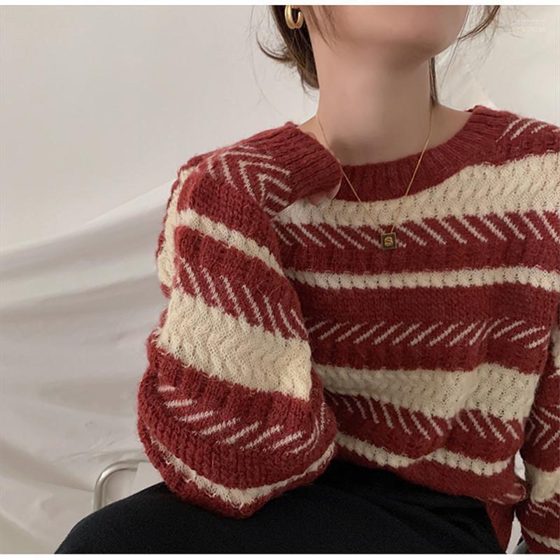 

Women's Sweaters 2022 Autumn Women Female Pullover Knitted Tops Contrast Striped O-neck Loose Elegant Office Lady Casual All Match Jemi22, Black
