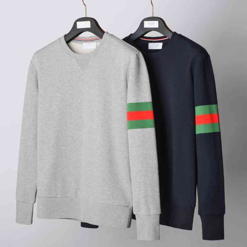 

Brands Sweatshirts Tb Thom Men's Clothing Tricolor Web Pullover Cotton Crew Neck Sweater High Quality Men Tops European and American Fashion Coat, Light grey (red;white and blue)