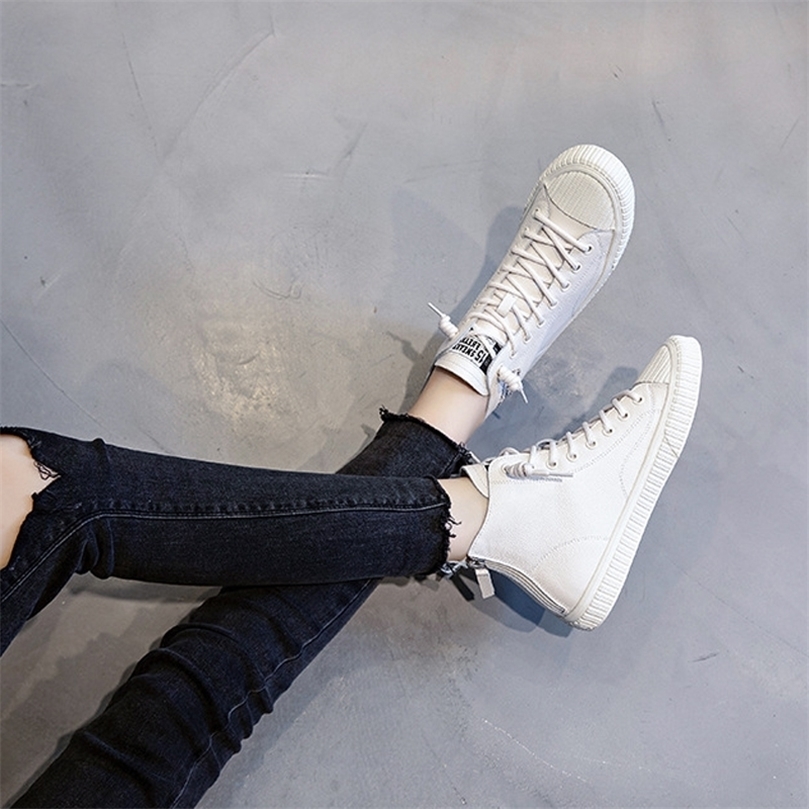 

Women High Top Vulcanize Genuine Leather Lady Fashion Summer Sneakers Casual Flats Shoes 220815, White c