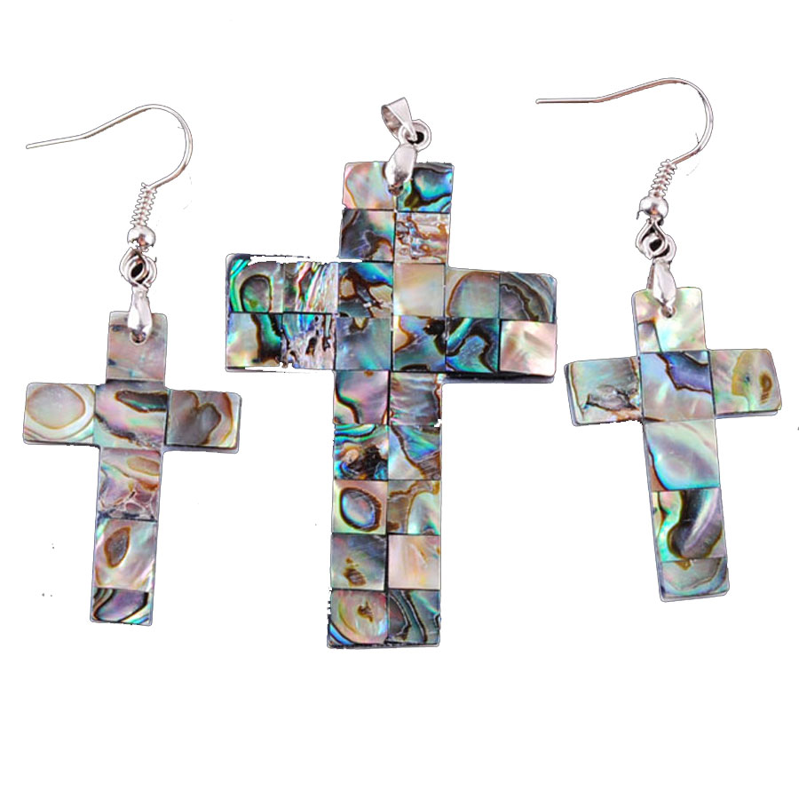 

WOJIAER Earrings Pendants Jewelry Set Gifts New Zealand Natural Colourful Abalone Shell Pearl Cross-Shape Women Reiki Q3004, Peacock blue