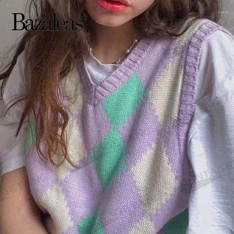 

Women' Sweaters Bazaleas Patchwork Pull Femme Tops Purple Plaid Women Tank Sweater Sleeveless, 39ds21242