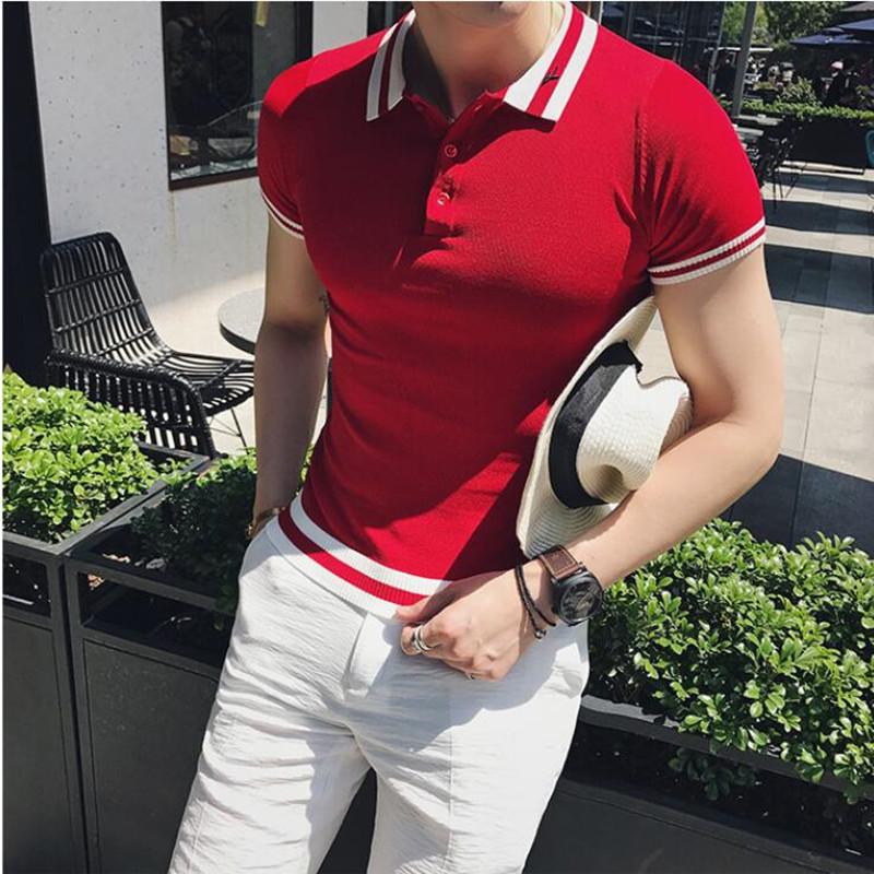 Men's Polos 2022 Summer Short Sleeve Ice Silk Men Shirt Business Fashion Turn Down Collar Slim Fit Casual Knitted Tee Homme S-3XL
