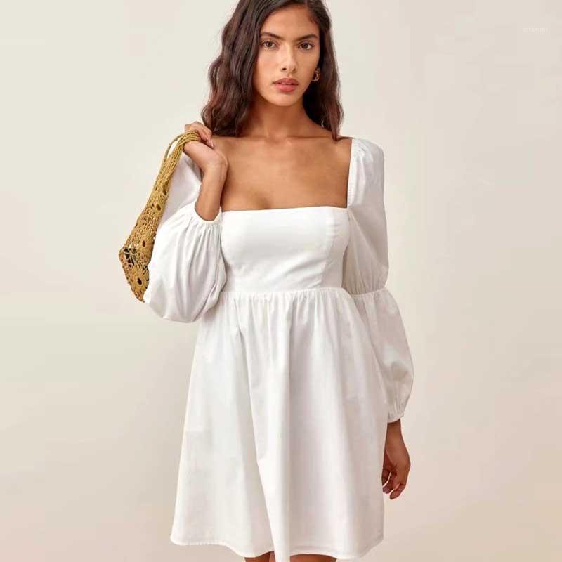 

Casual Dresses Boho Inspired White Square Neck Women Dress Long Sleeve Mini Ladies Elegant A Line Spring Autumn Cotton 2022, Black
