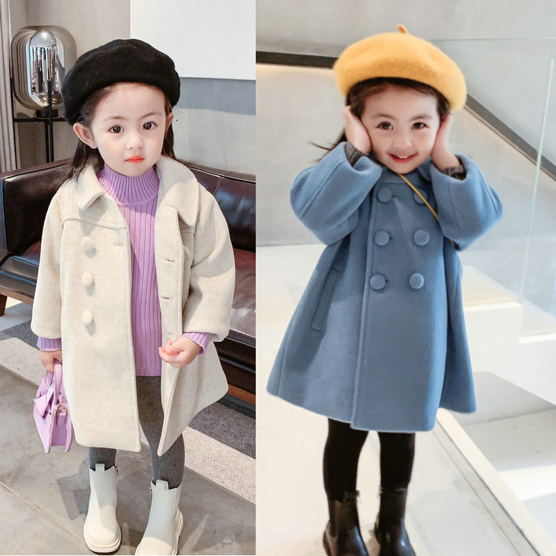 

Jackets Girls Coat Double Breasted Woolen Overcoat Cotton Trench Lapel Kid's girl children's winter 2-6Y 220826, Blue
