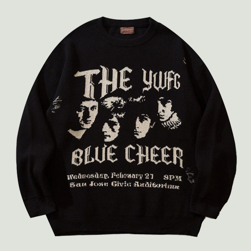 

Oversized Vintage Ripped Knitted Sweater Men Hip Hop Harajuku Portrait Letter Printed Fashion Distressed Casual Pullover Couples 220812, Black