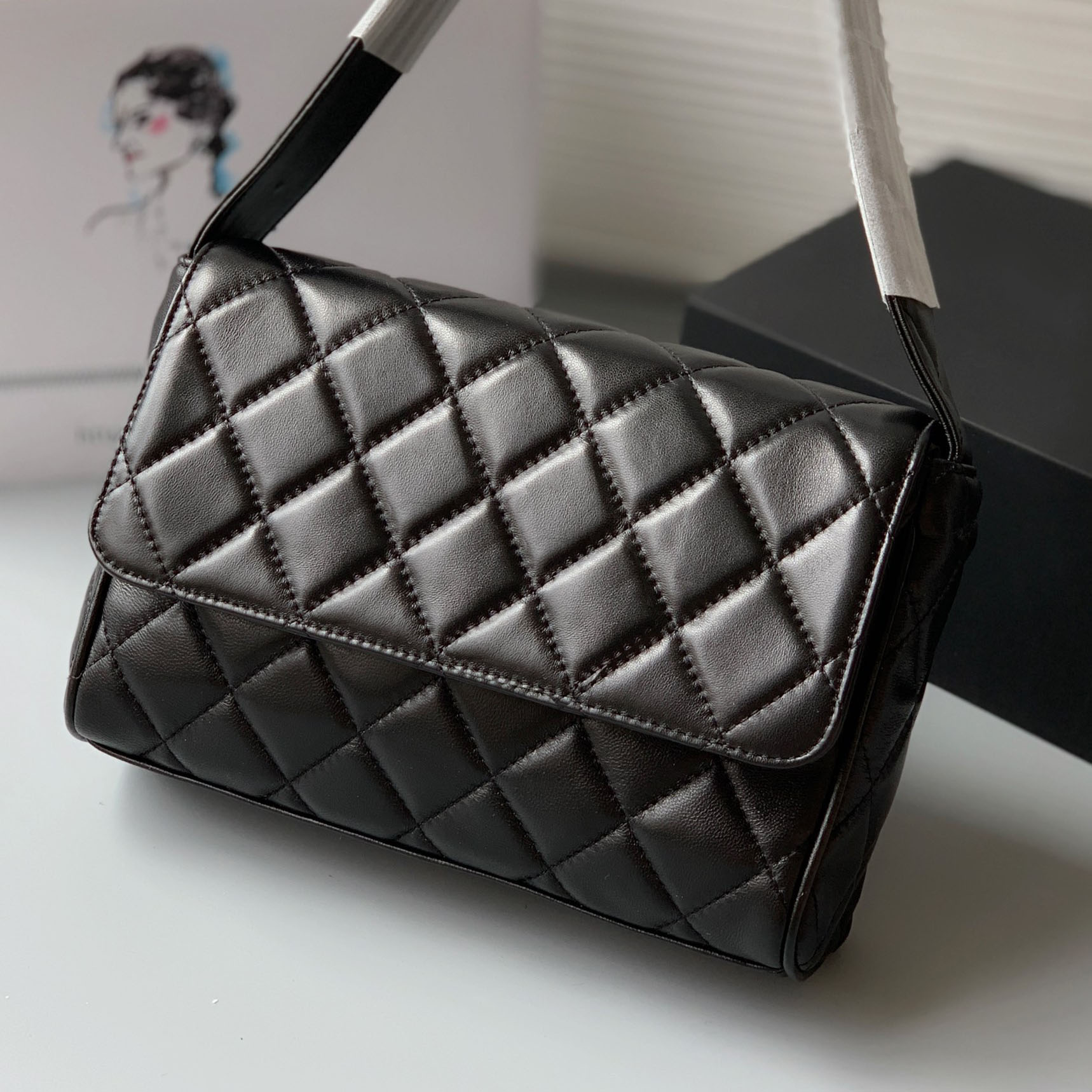 

2022Ss French Quilted Flap Bag Lambskin Black White Classic Vintage Check Hardware Leather Shoulder Strap Bag Designer Luxury Ladies Underar, Box