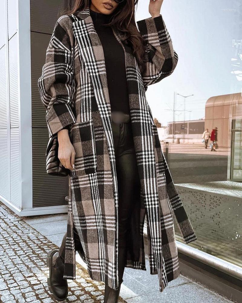 

Women' Wool & Blends Plaid Long Coat Women Fall Winter 2022 Sleeve For With Belt