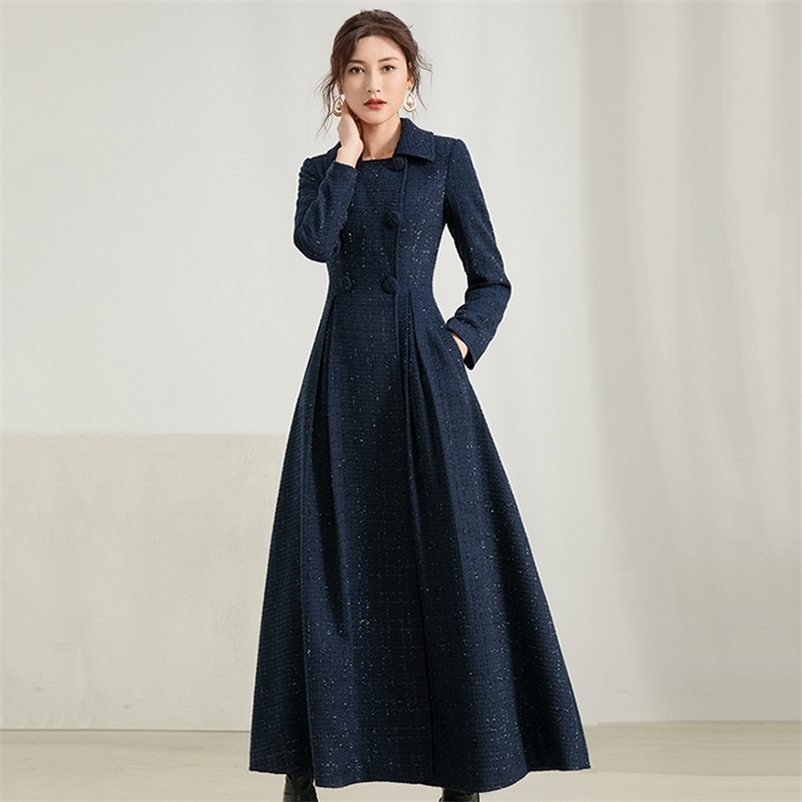 

Women's Wool Blends Women Long Woolen Coat Spring Autumn Elegant Fashion Dark Blue Double Breasted Plaid Thick Warm Wool Blends Overcoat 220826