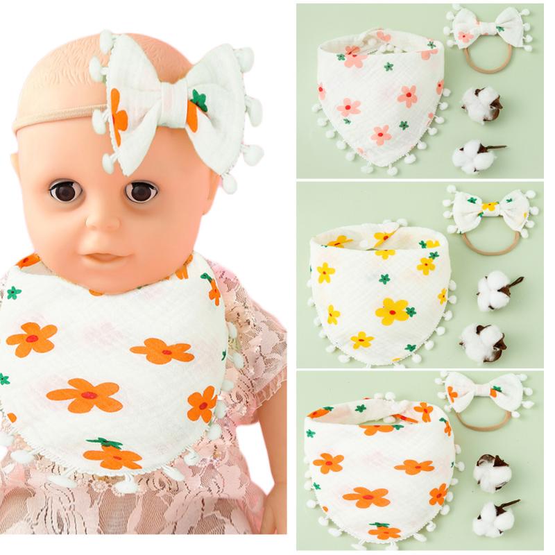 

Hair Accessories 2Pcs Baby Headband Tassel Saliva Towel Floral Print Born Double Side Bibs Boys Girls Bandana Burp Cloths Feeding Smock Stuf, Yellow