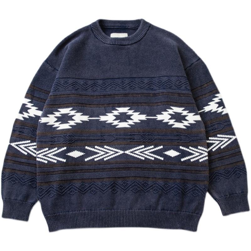 

Men's Sweaters Japanese Retro Washed And Used Round Neck Pullover Loose Sweater Lovers Dark Blue For Men Women CasualMen's