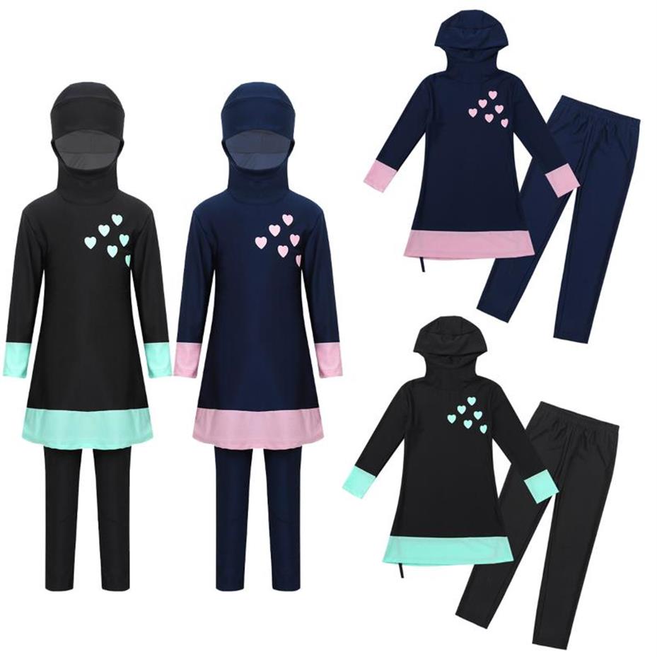 

Girls Muslim Swimwears Long Sleeves Full Cover Conservative Hijab Burkini Swimsuit Tops Pants Kids Modest Swimsuits One-Pieces341F, Black