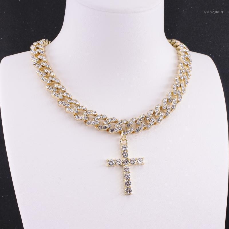 

Chokers Cross Pendant 10mm Hip Hop Miami Cuban Link Chain Men's Iced Necklace Women's Rapper Singer Crystal Jewelry Religion Rock Ro