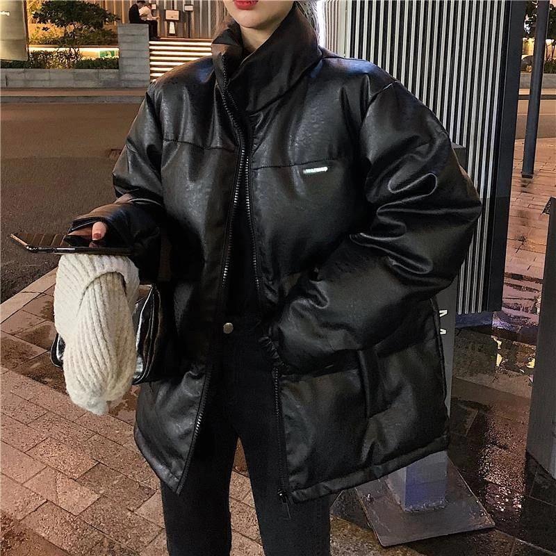 

Women' Trench Coats Korean Winter Faux Leather Jacket Solid Black Bright Color Thick Women Puffer Parkas Ins Fall Loose Female Matte Outerw
