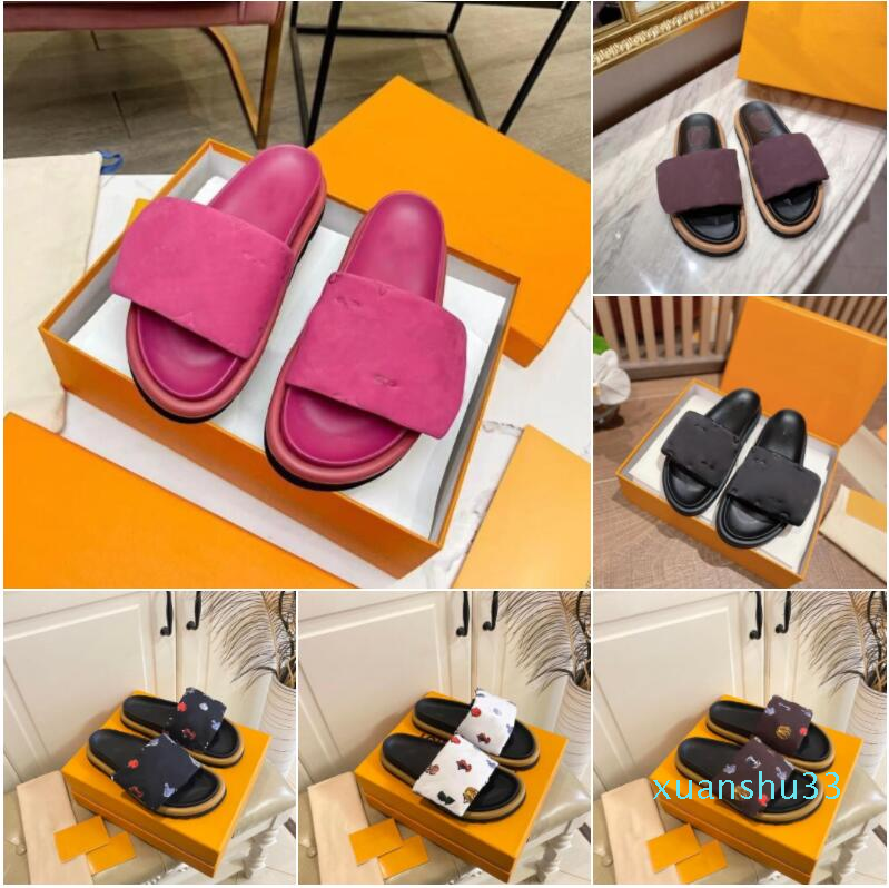 Designers lisses de calfkin sandales Sunset Flat Comfort Mules Velcro Polaises avant rembourrées Slippétes à la mode de style facile à porter
