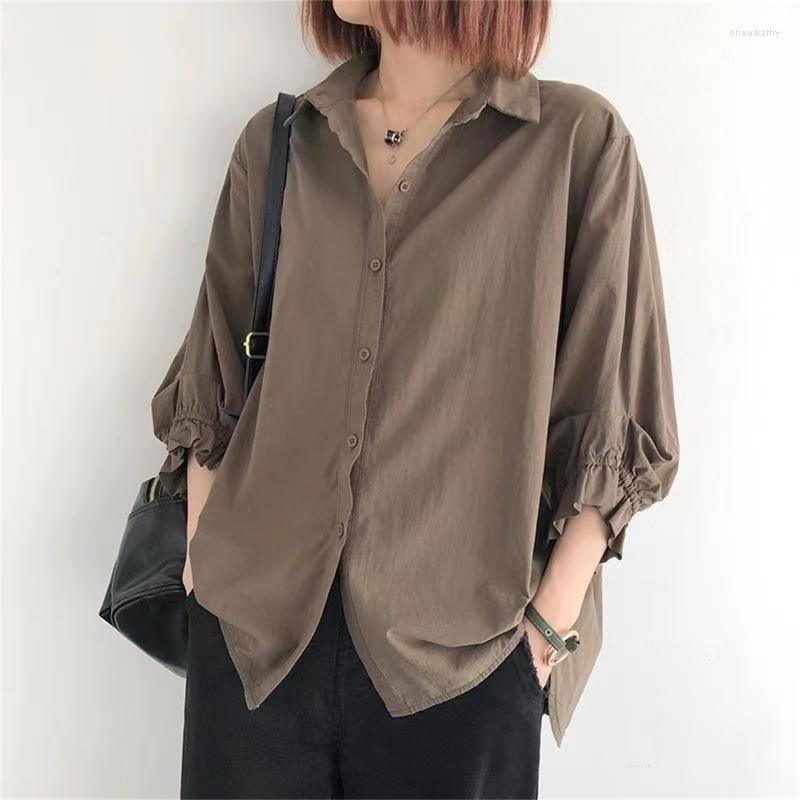 

Women' Blouses & Shirts Korean Fashion Women Elegant Lady Button Solid Color V Neck Three Quarter Sleeve Tops BlusasWomen' Chee22, Beige