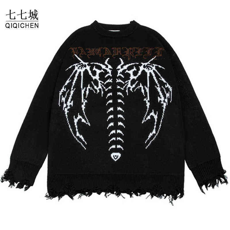 

Hip Hop Verzwakte Gebreide Trui Mannen Gothic Brief Bat Skeleton Print Trui Vrouwen Herfst Harajuku Streetwear Punk Warme Truien T220730, Gray