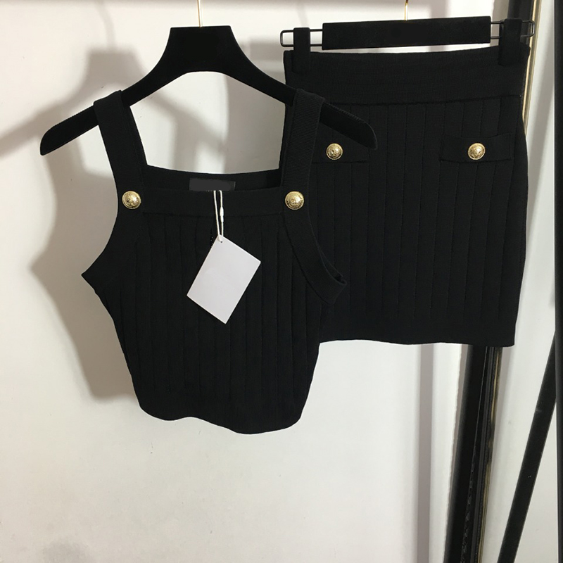 

Summer Knit Tracksuits Women Brand Vests Dresses Two Piece Pants Classy Button Designer Vests Dress Sets, Black