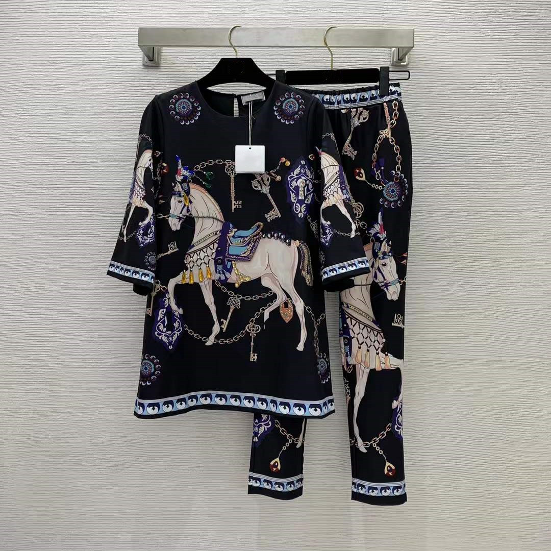 

2022 Spring Summer O Neck 1/2 Sleeve Print Coat And Long pants Brand Same Style 2 Pieces Sets Women's 0401-8, Black