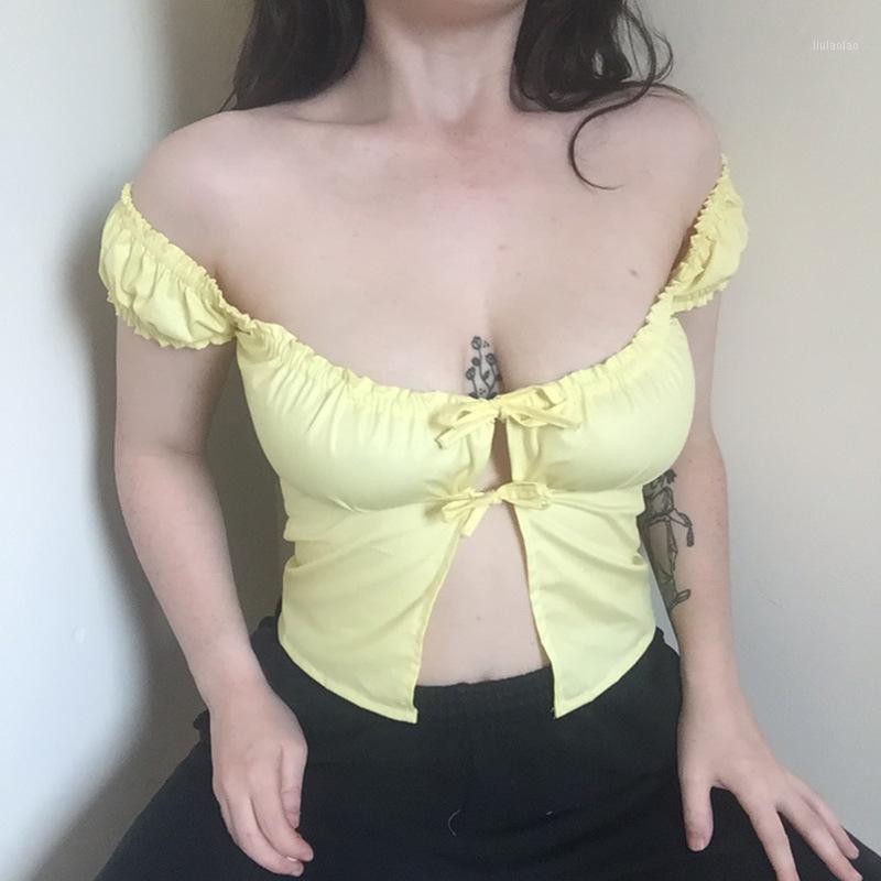 

Women' T-Shirt Women 2000s Aesthetics Bandage Ruffles Milk Maid Tops Y2K Vintage Lace-Up Ruched Puff Sleeve Crop T-shirts Cute Yellow Tees, Black