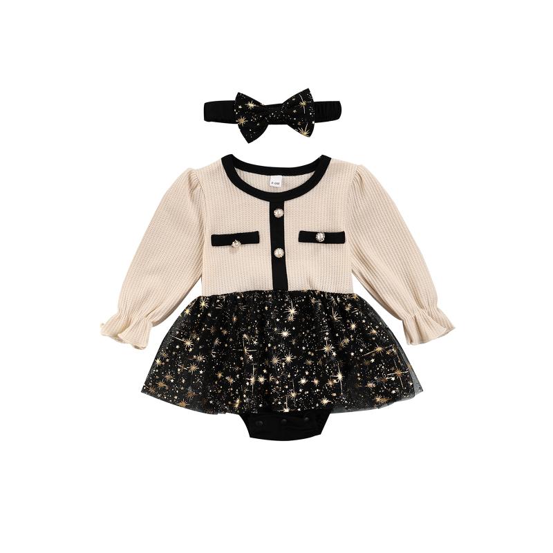 

Rompers Born Baby Girl Clothes Outfits Fall Winter Vintage Puff Sleeve Button Down Tops Star Print Tulle Tutu Bodysuit Dress Bow HairRompers, Multi
