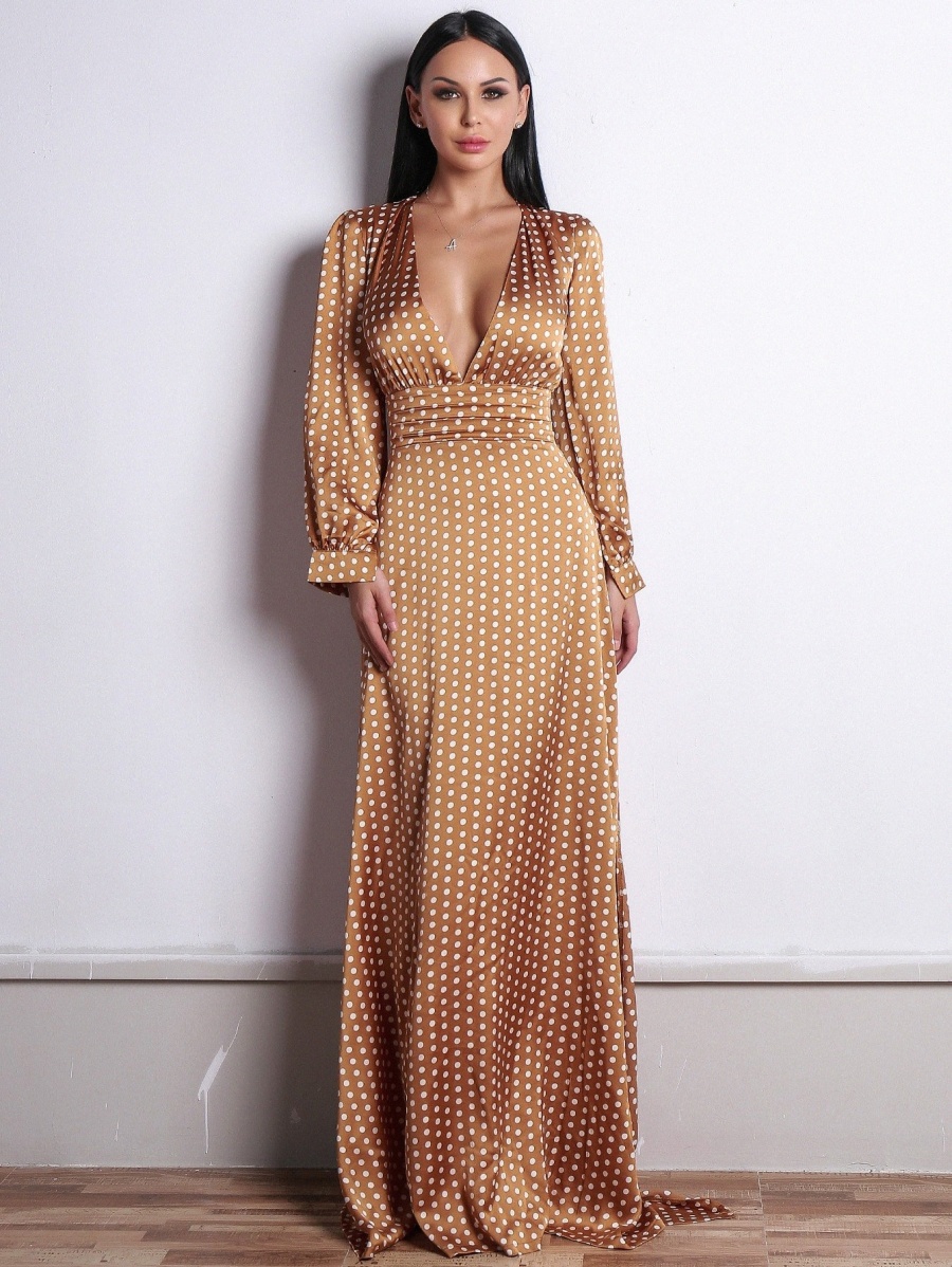 

missord Polka-dot Print Plunge Neck Satin Maxi Dress G8qR#, Camel